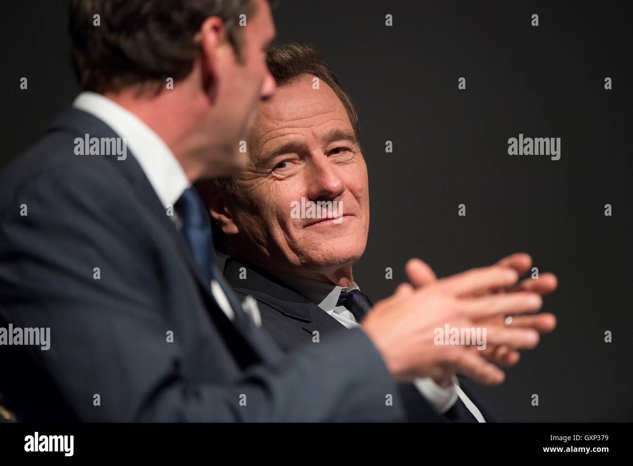 Actor Bryan Cranston discusses his Tony Award-winning role as Lyndon B. Johnson in the HBO film All the Way after a special preview screening at the LBJ Presidential Library May 11, 2016 in Austin, Texas. Stock Photo