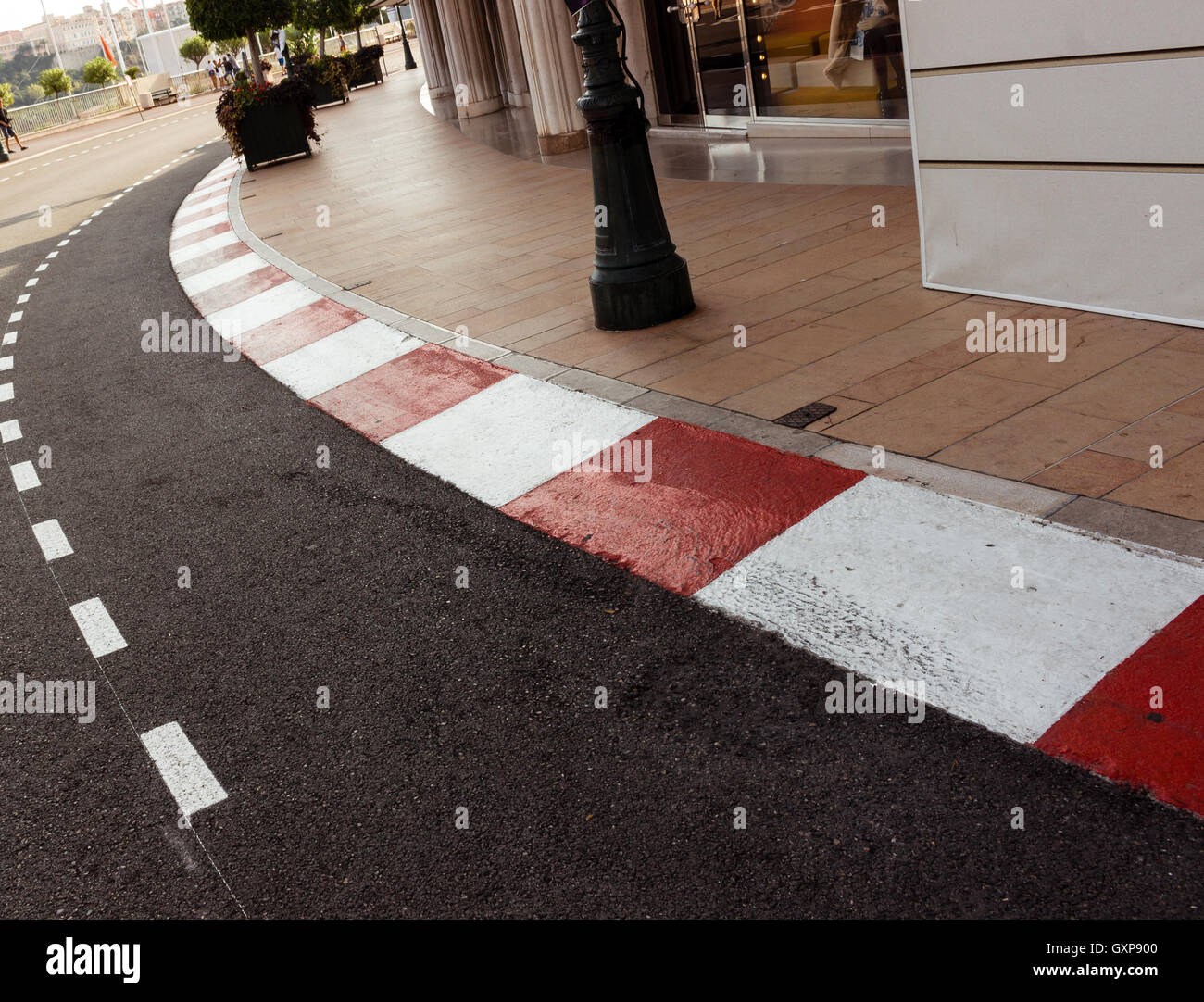 Car race asphalt and curb on Monaco Montecarlo Grand Prix street circuit. Stock Photo