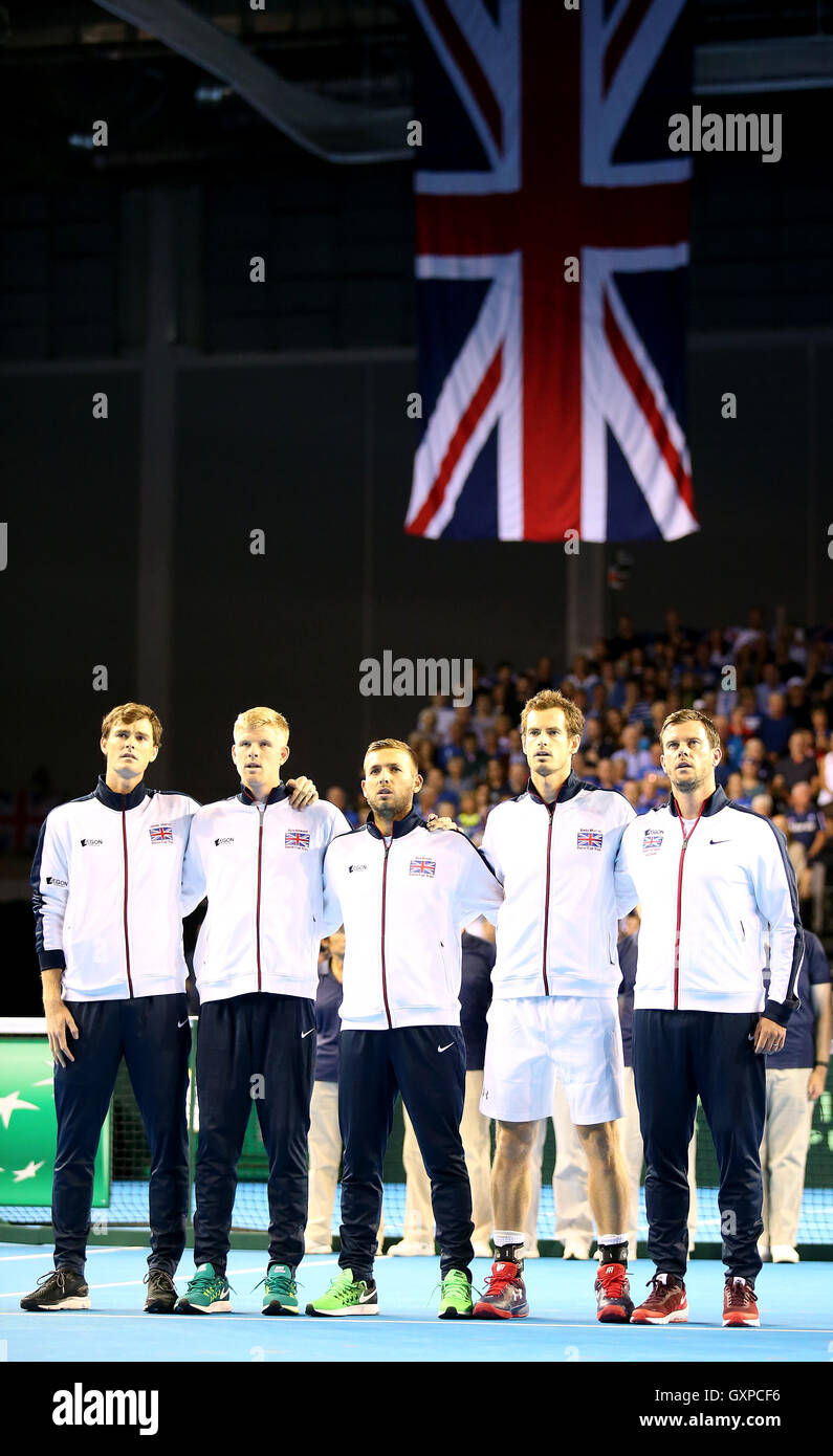 Great Britain's Jamie Murray (left), Kyle Edmund (second left), Daniel Evans (centre), Andy Murray (second right) and captain Leon Smith (right) during day one of the Davis Cup at the Emirates Arena, Glasgow. Stock Photo