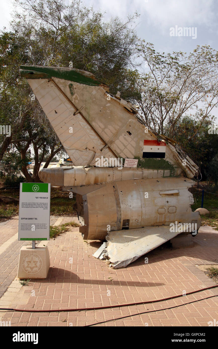 Tail of a shot down Egypt Air Force Su-7 fighter jet during the Yom Kippur war. On display in Hatzerim Airforce Museum, Israel Stock Photo
