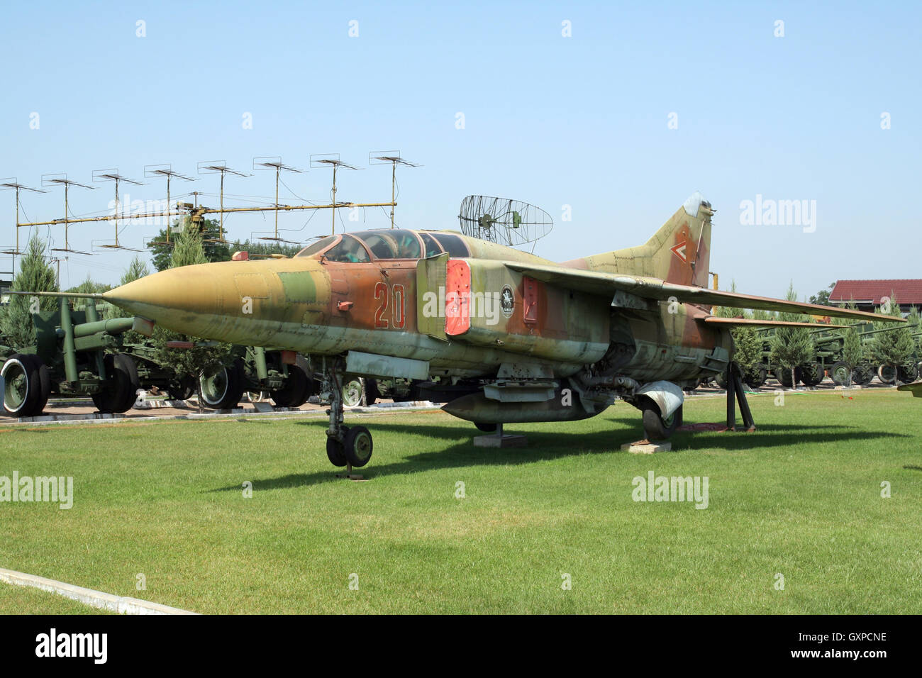 Hungarian Air Force MiG-23 Flogger fighter jet on display in the Military Technology Park, Kecel, Hungary Stock Photo