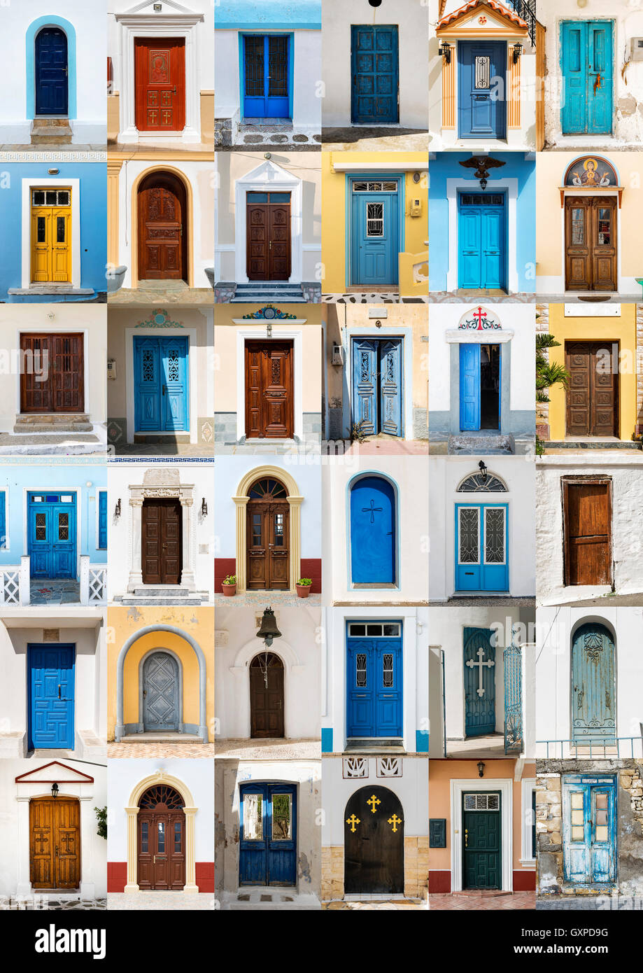 Photo collage of 36 colourful front doors to houses from Karpathos, Greece. Stock Photo