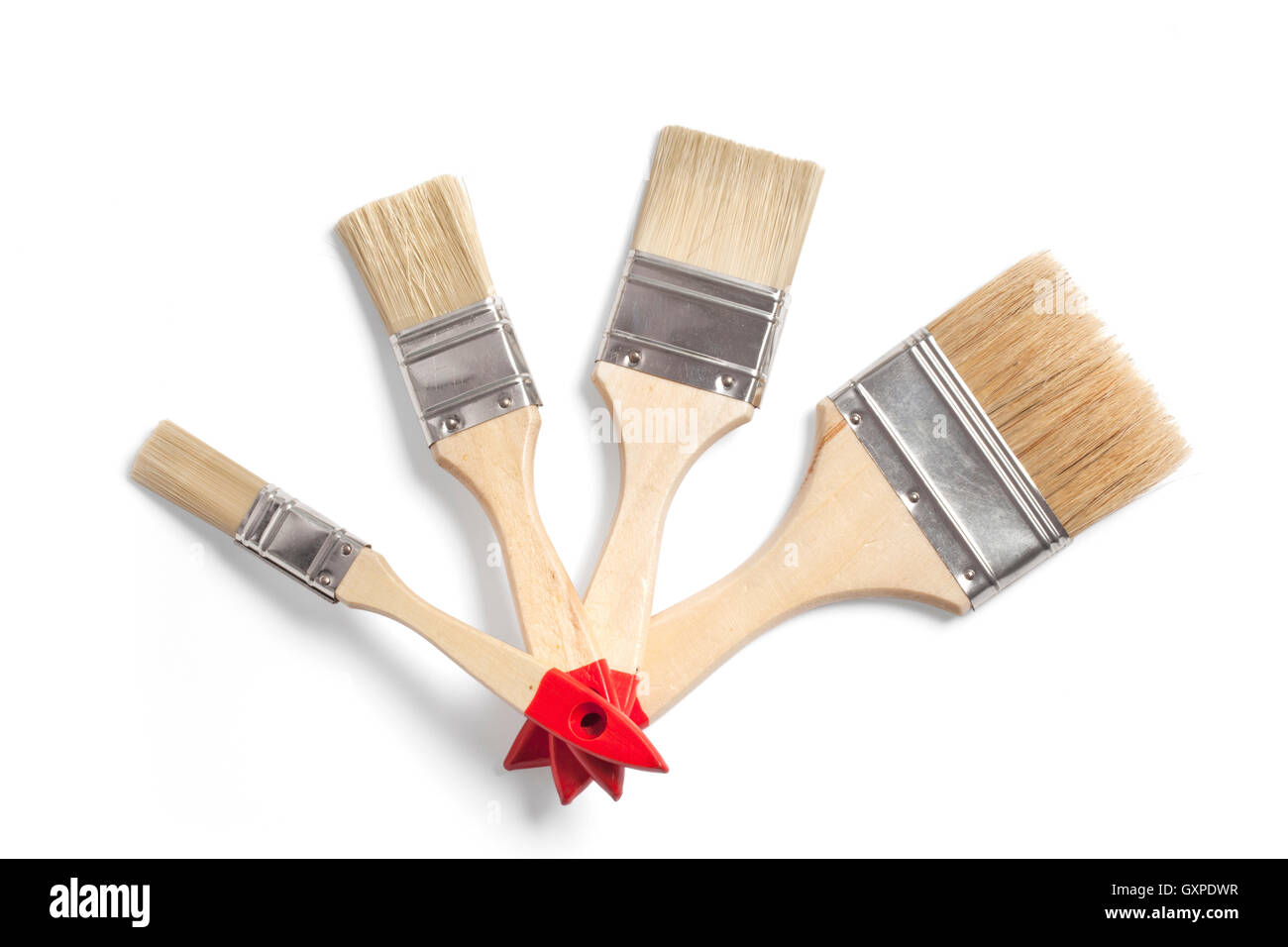 Several new wooden paint brushes in different sizes isolated on white with a clipping path. Stock Photo