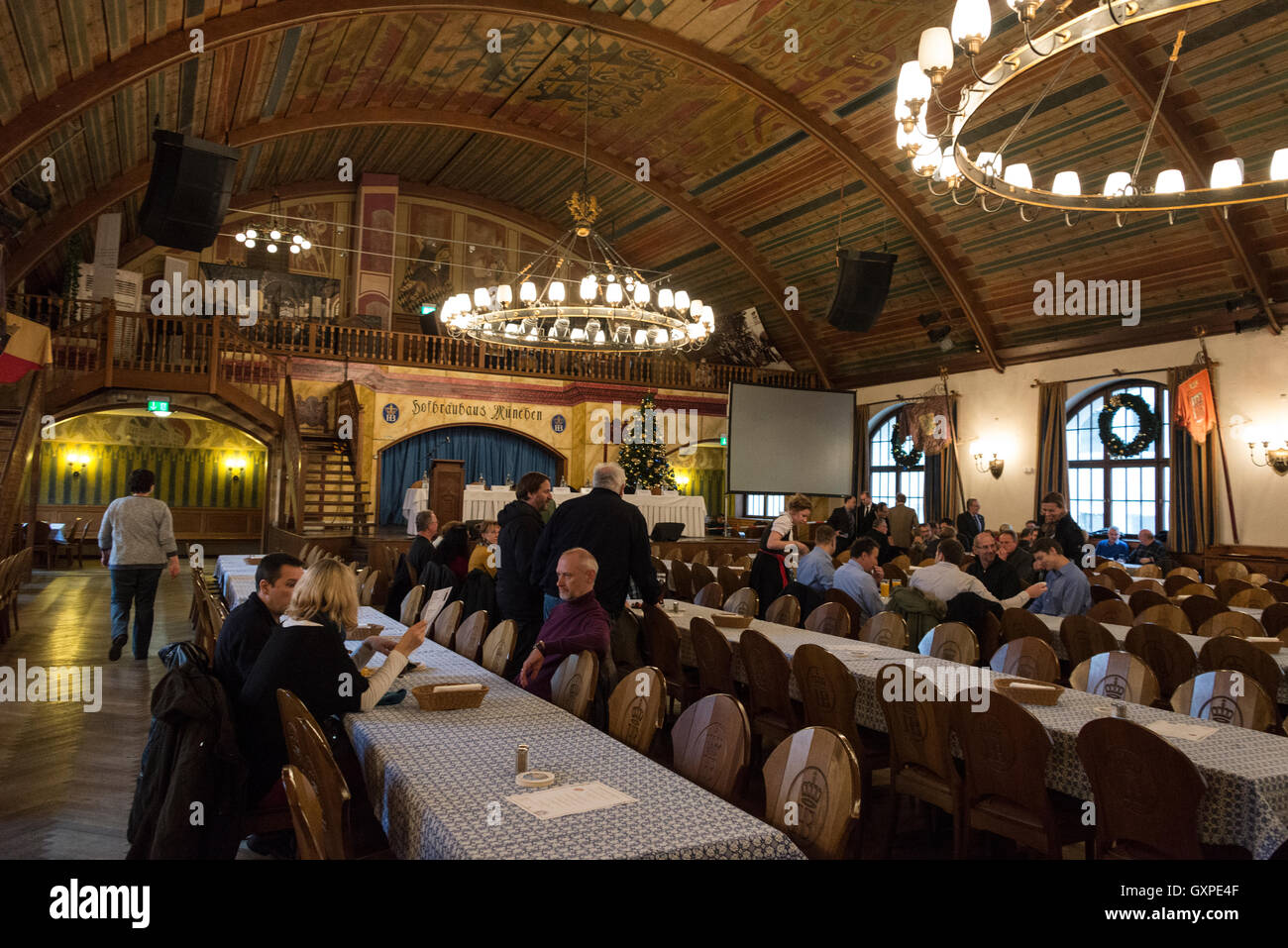 The large Festival hall is used for functions at the Hofbräuhaus beer hall at Am Platzl in the old quarter of Munich in Germany. Stock Photo