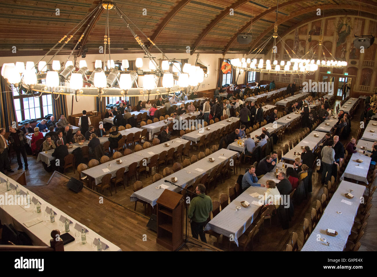 The large Festival hall is used for functions at the Hofbräuhaus beer hall at Am Platzl in the old quarter of Munich in Germany. Stock Photo