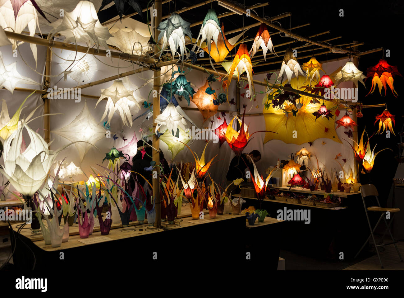 Colourful German Christmas lights on sale at the Tollwood Winter Festiva at Theresienwiese in