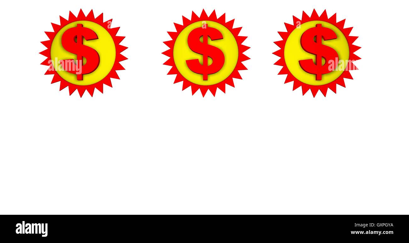 Three Red dollar sign sale symbols on yellow on red star shaped background Stock Photo