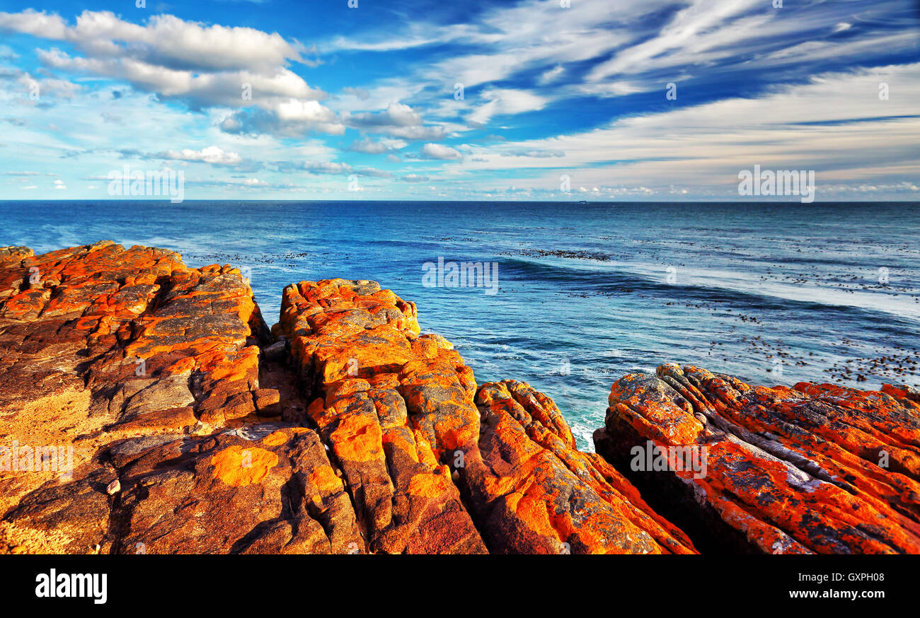 Rocky landscape on the Atlantic coast of the Cape Peninsula, south-western point of the African Continent, Cape of Good Hope Stock Photo
