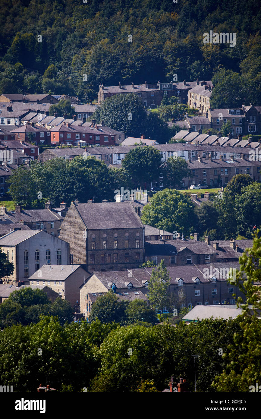 Ramsbottom village lancashire   Bury Manchester valley village rooftops stone buildings hosing stock old mill town view above lo Stock Photo