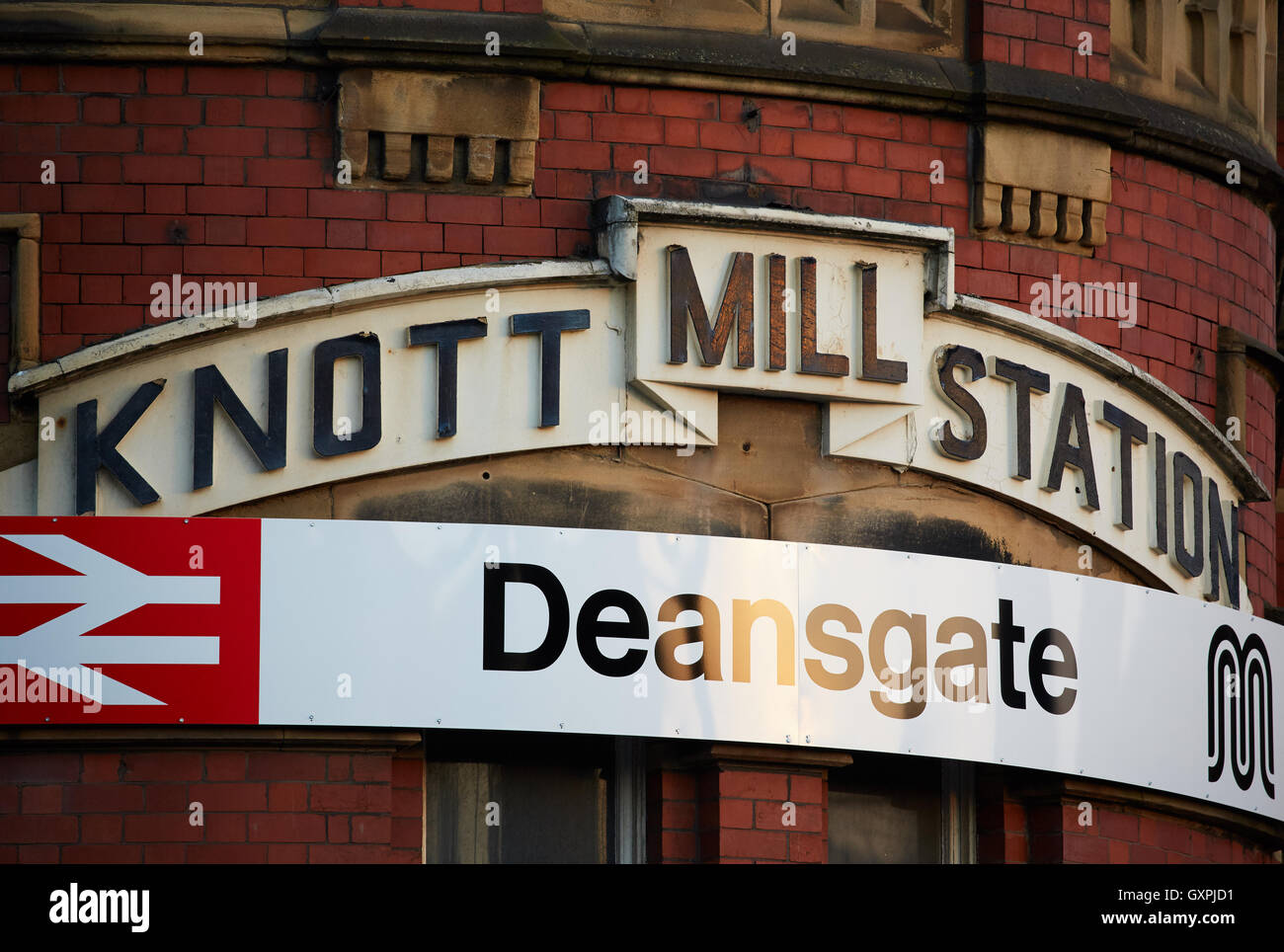 Deansgate railway train station sign   Knott Mill Manchester Travel Travellers Traveling tourist tourism destination Transport t Stock Photo