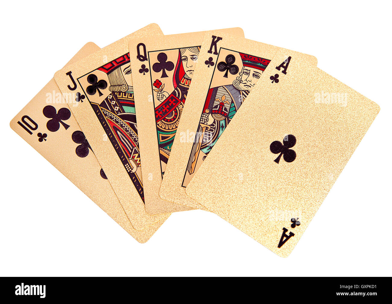 Royal straight flush golden playing cards poker hand. On white background Stock Photo
