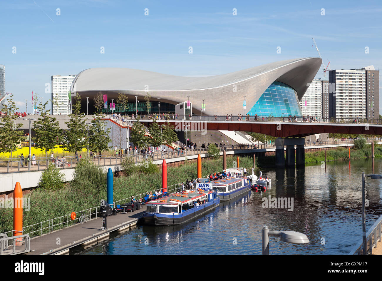 View of the London Aquatics Centre and the Lea Valley on a busy summer day. Stock Photo