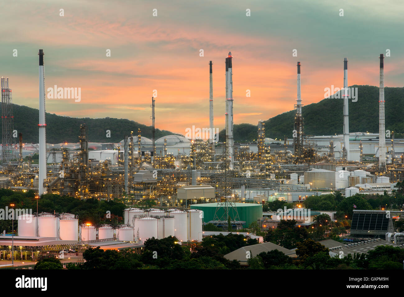 Landscape of oil refinery industry with oil storage tank Stock Photo
