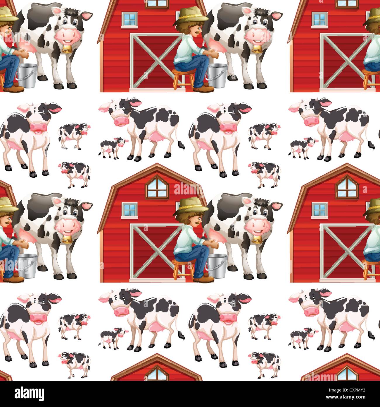 Seamless background with cows and farmers illustration Stock Vector ...