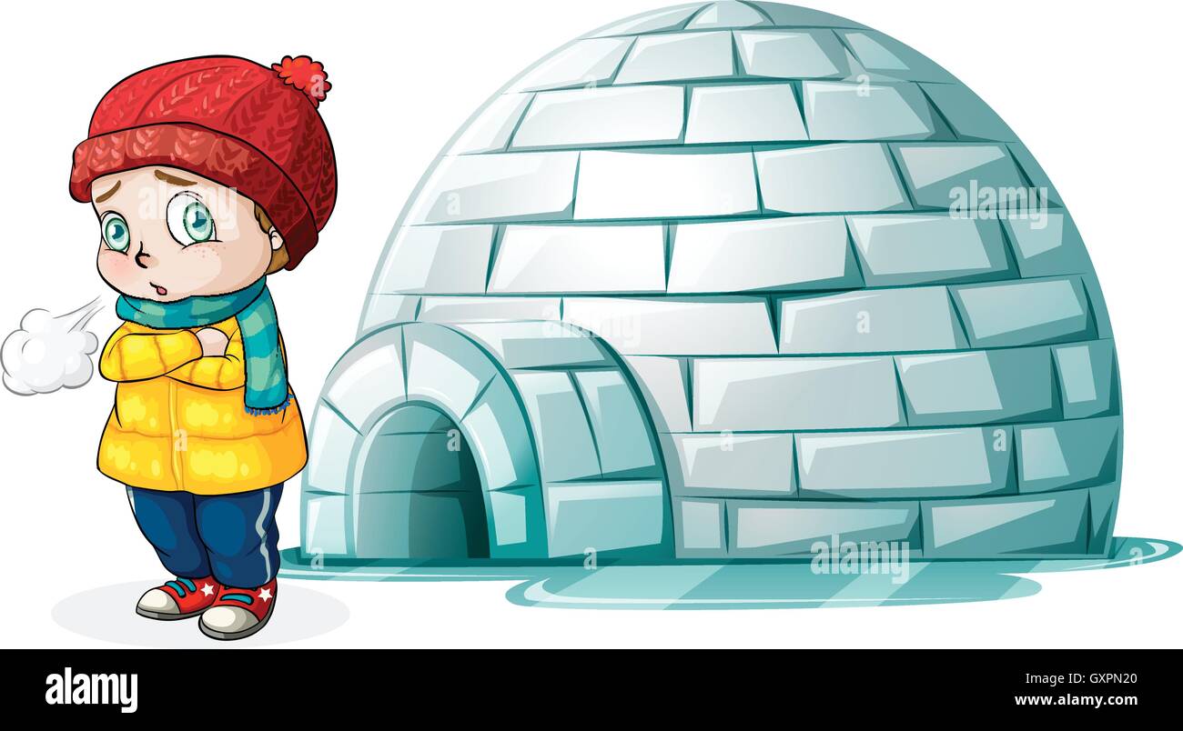 Boy standing in front of igloo illustration Stock Vector