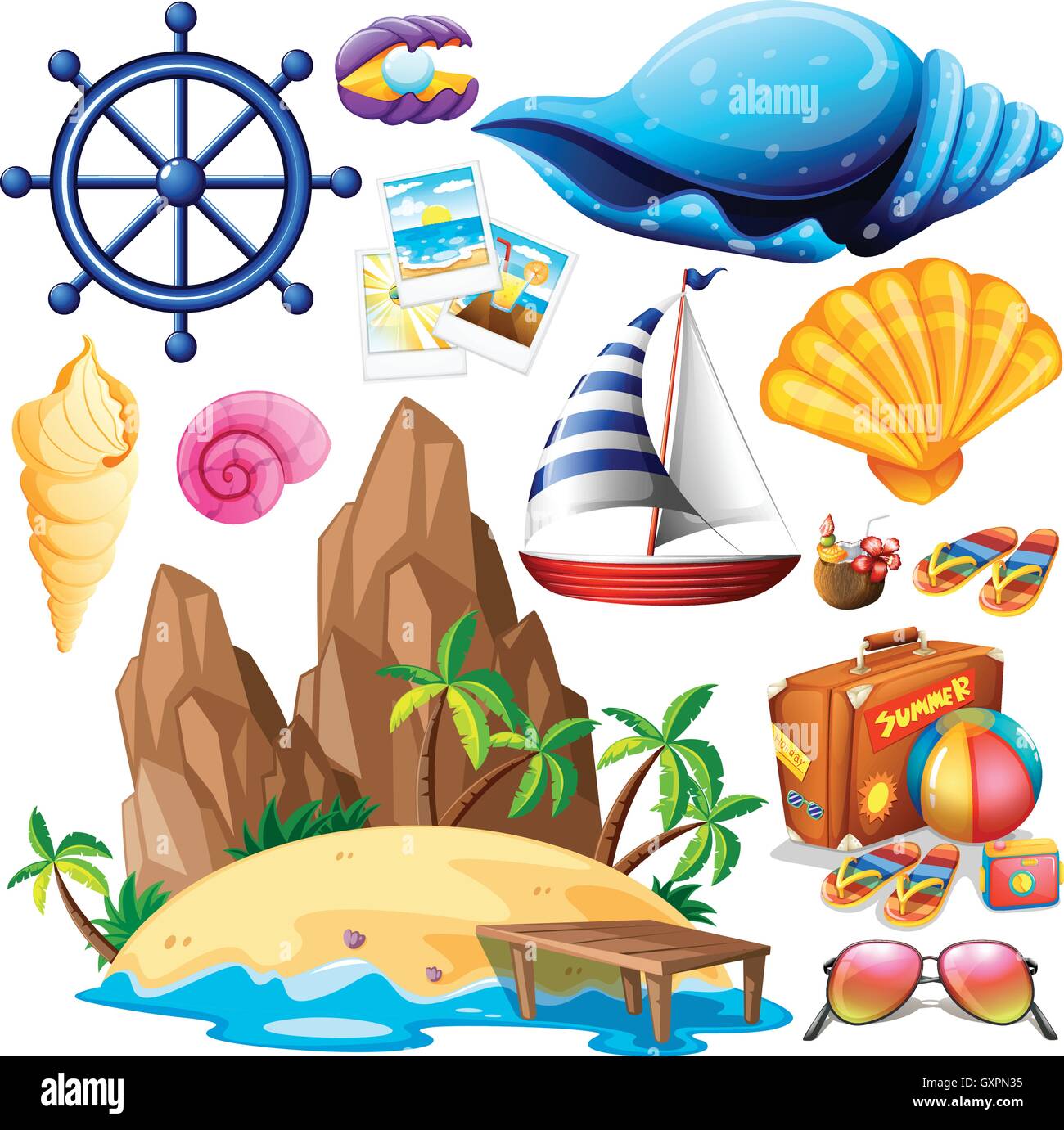 Summer theme with island and beach items illustration Stock Vector Image & Art Alamy