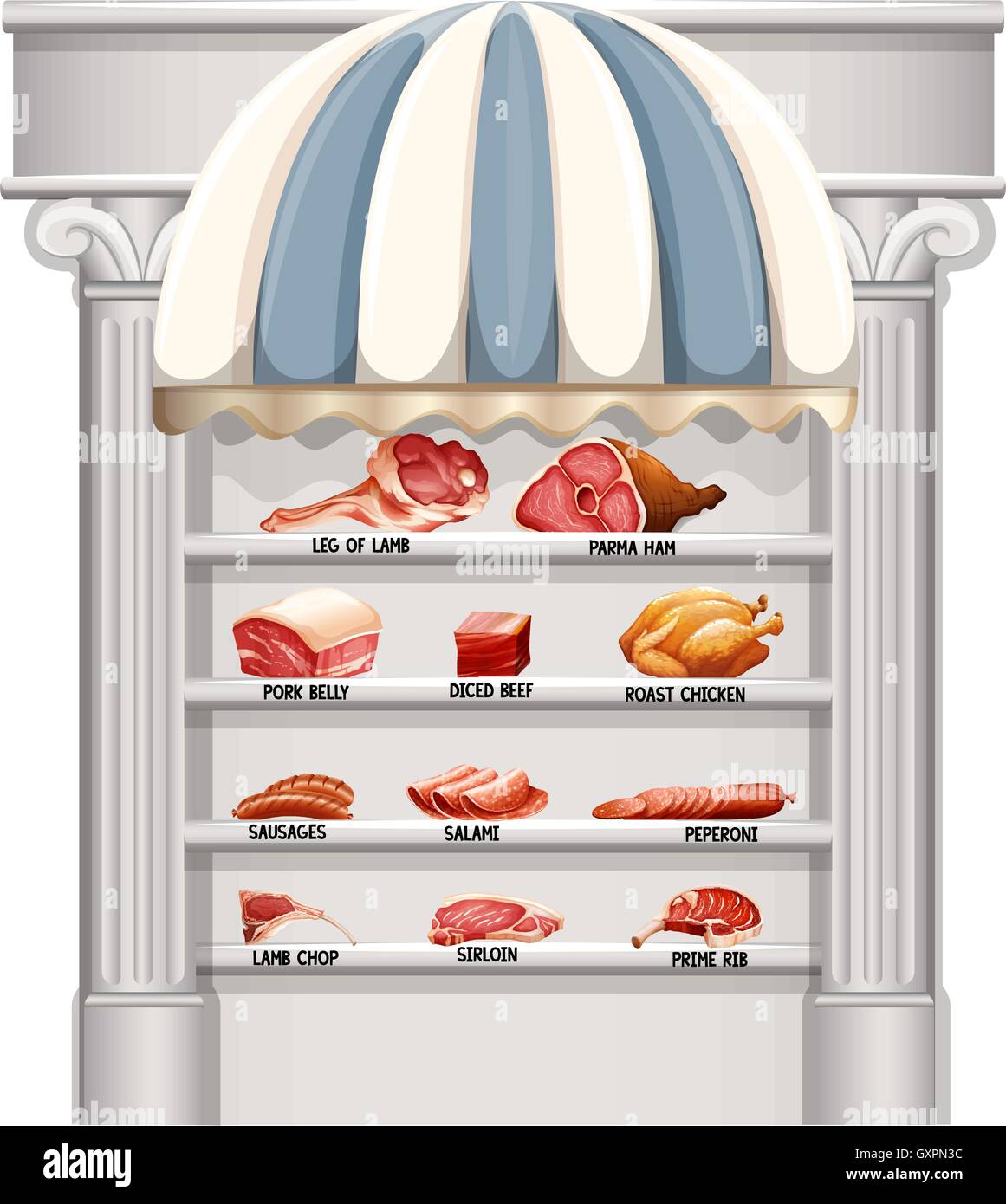 Shelves full of different kinds of meat illustration Stock Vector Image
