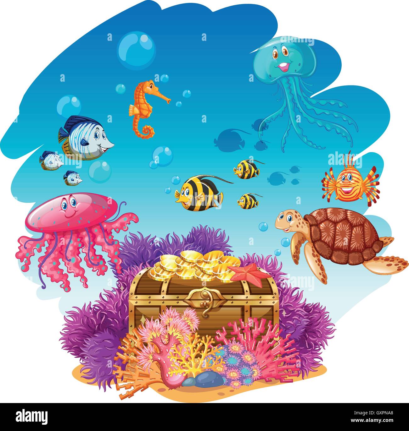 Treassure chest and sea animals underwater illustration Stock Vector ...