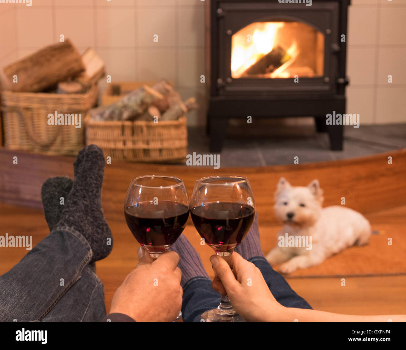 Cosy couple by the fire with red wine and a west highland terrier westie dog. Stock Photo