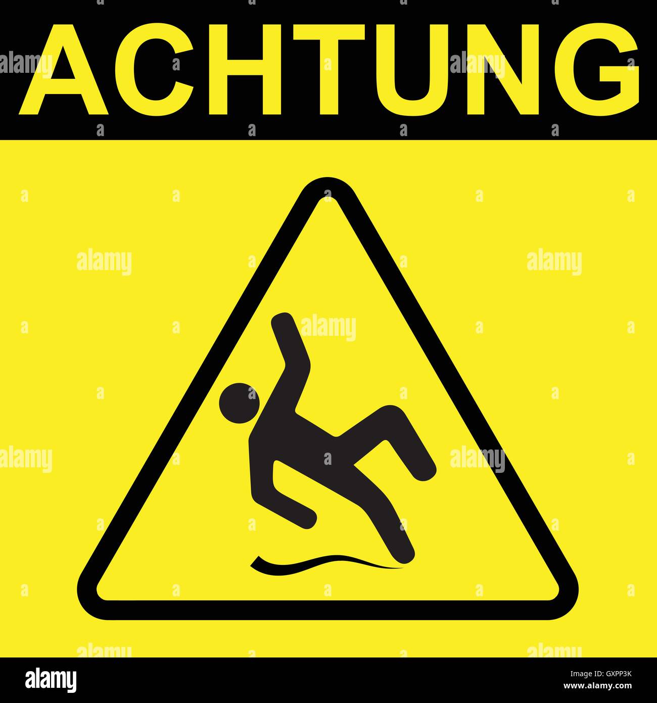 Achtung wet floor sign. Black wet floor symbol on yellow background
