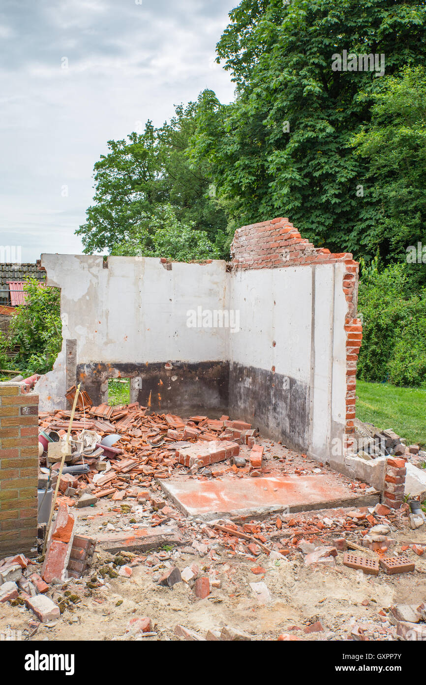 Walls and bricks of demolished house with trees Stock Photo