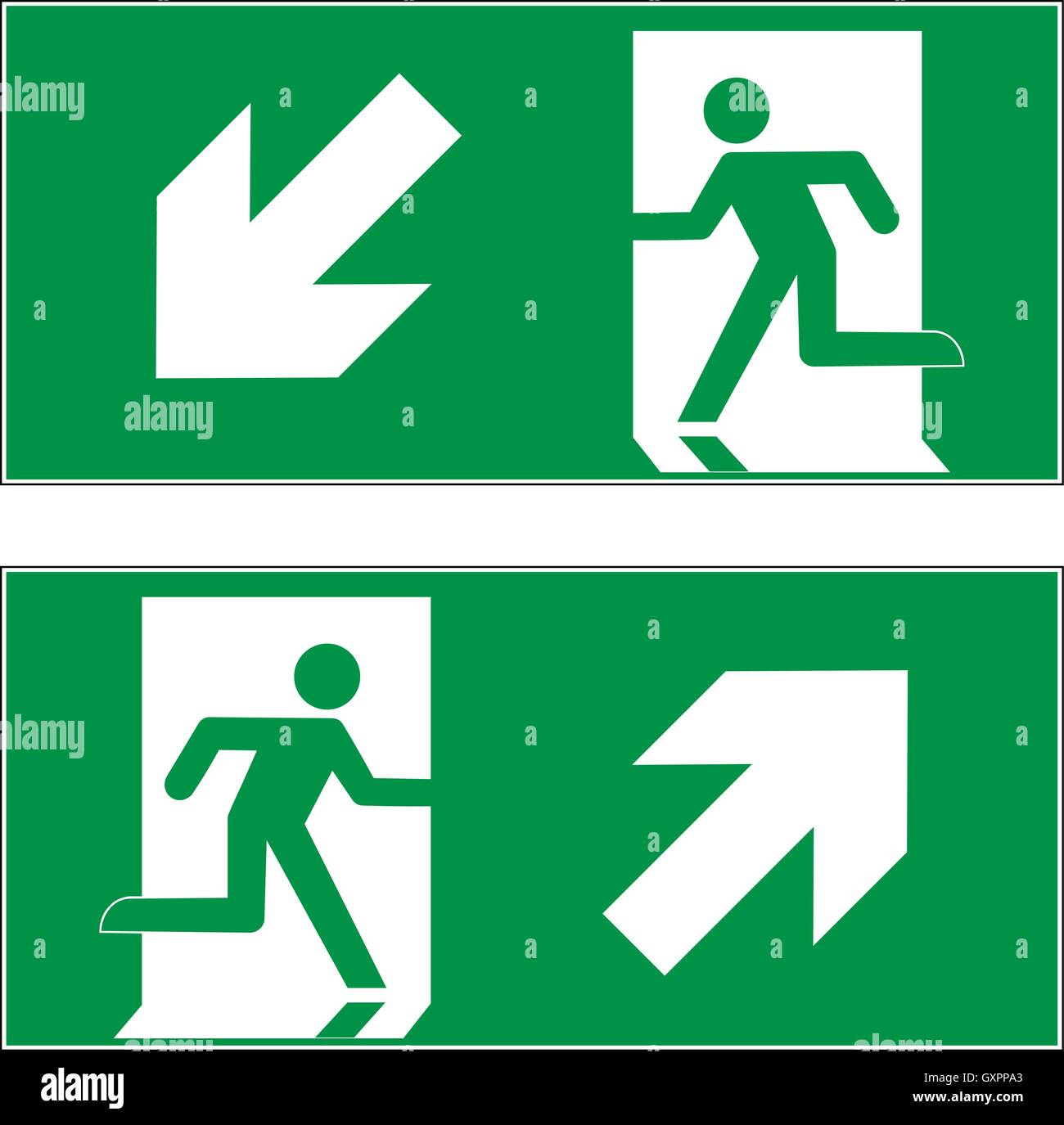 Emergency exit downward left, Emergency exit upward right, escape route
