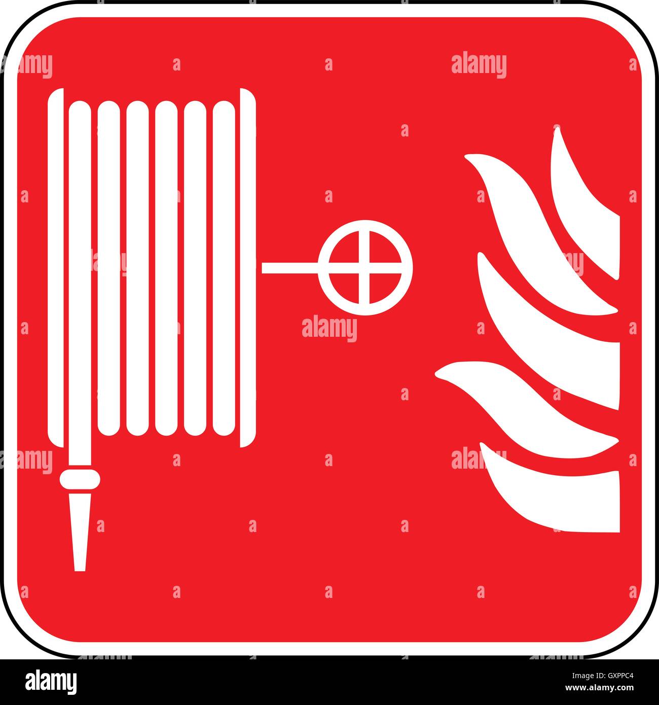 Emergency fire hose reel sign, white fire hose icon on a red