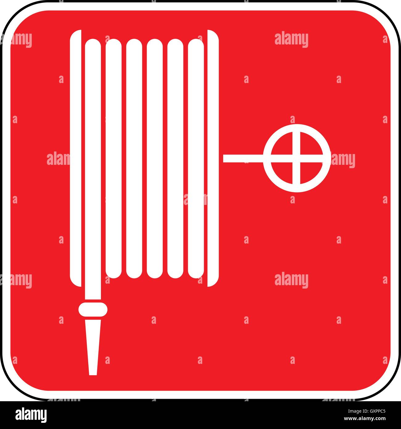Emergency fire hose reel sign, white fire hose icon on a red square