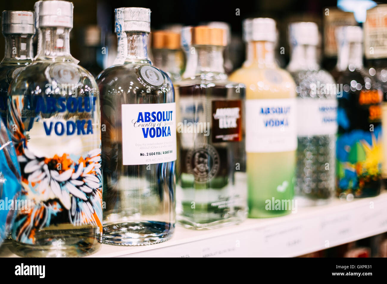 Nerja, Spain - June 20, 2015:  Vodka bottles at the wine store Stock Photo