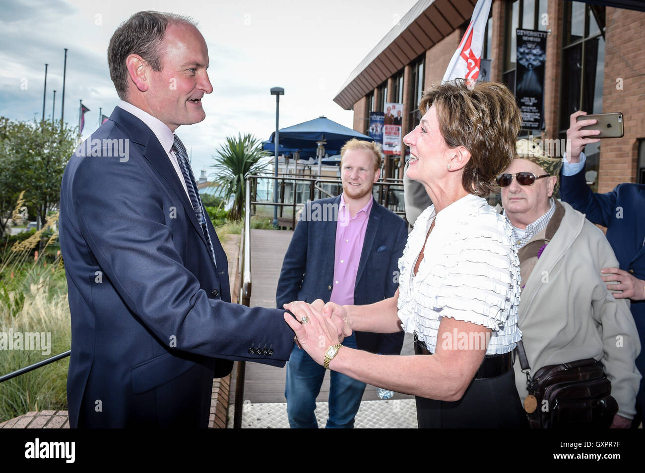 UKIP leader, Diane James, greets Douglas Carswell MP, as he arrives at the UKIP conference, Bournemouth. Stock Photo