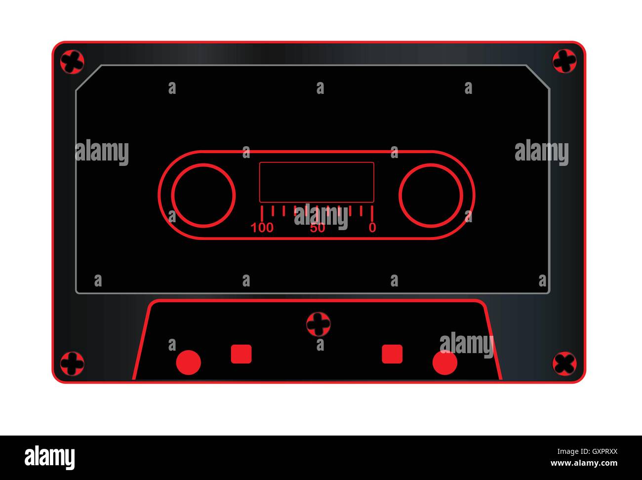 A typical old fashioned audio cassette in black over a white background Stock Vector