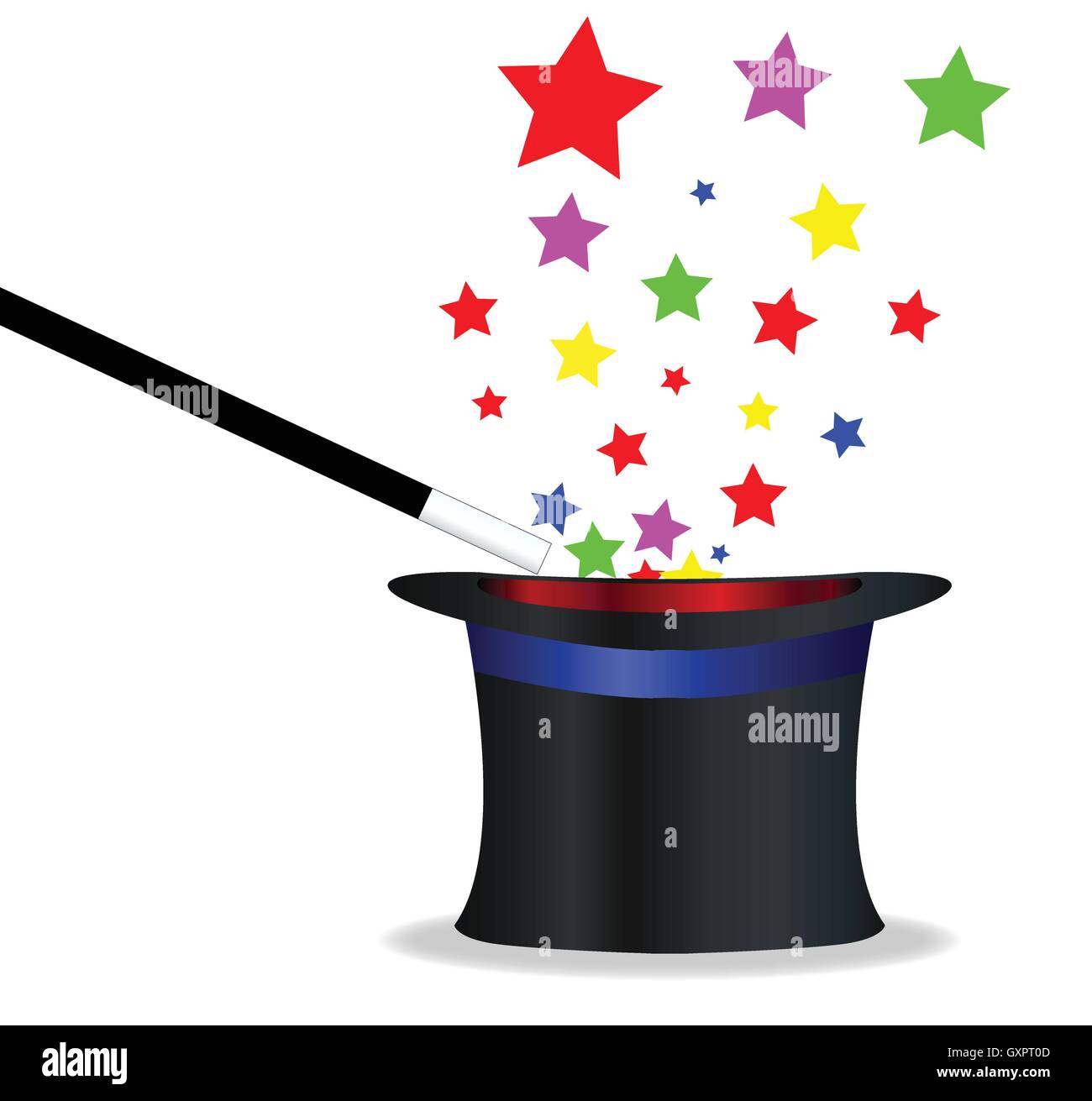 A magicians hat and wand with magic stars over a white background Stock