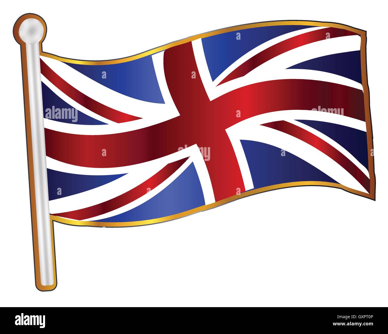 A fluttering Union Jack flag pin badge over a white background Stock