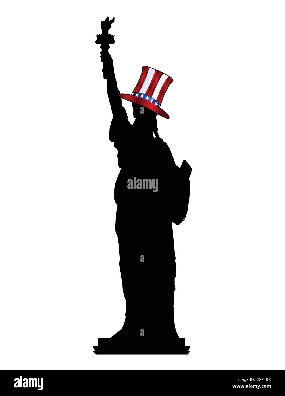 A silhouette of the Statue of Liberty wearing Uncle Sam's hat isolated over a white background Stock Vector