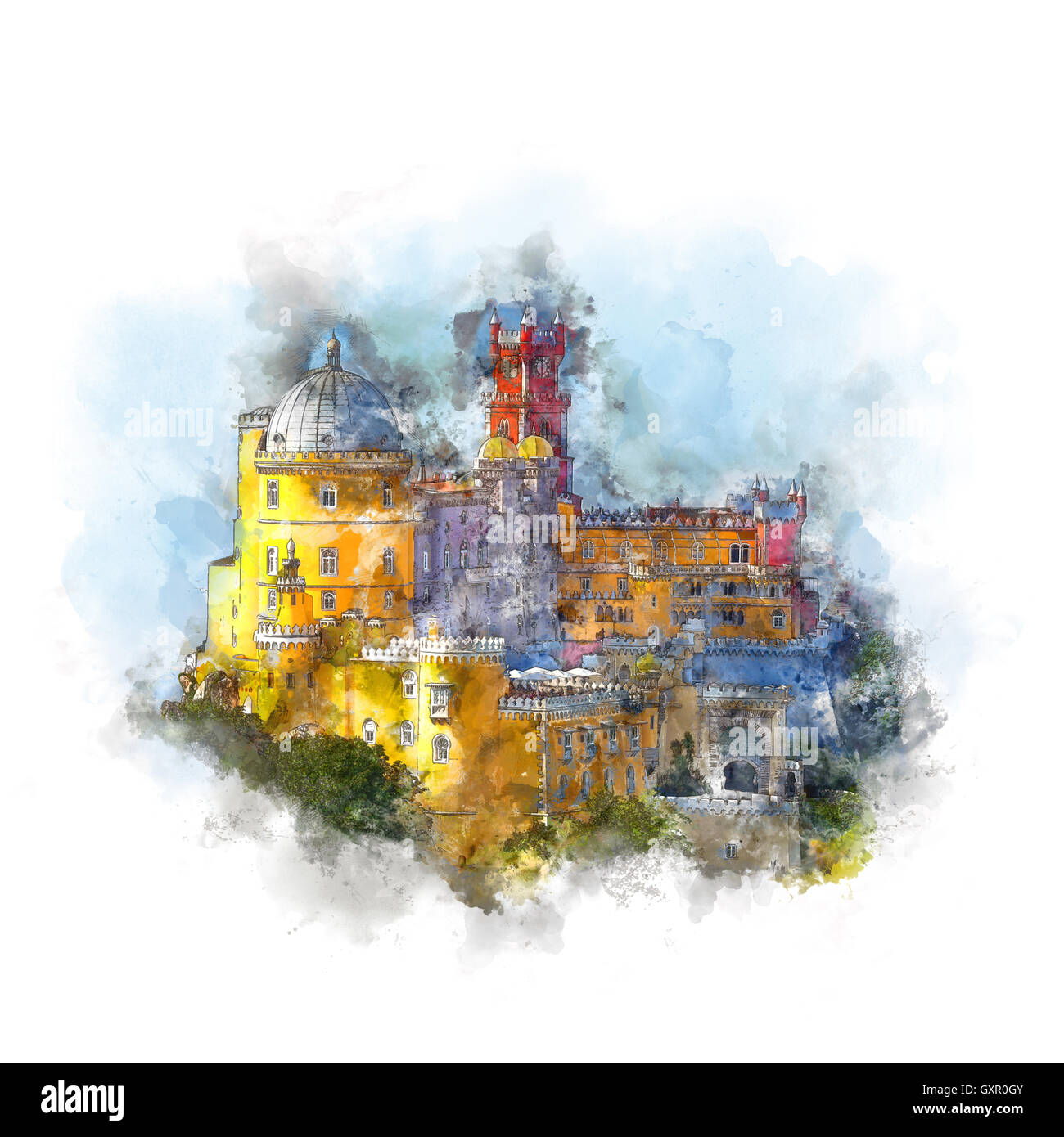Watercolor artwork - Nacional Palace of  Pena and blue sky - Famous Landmark in Sintra, Lisboa, Portugal, Europe Stock Photo