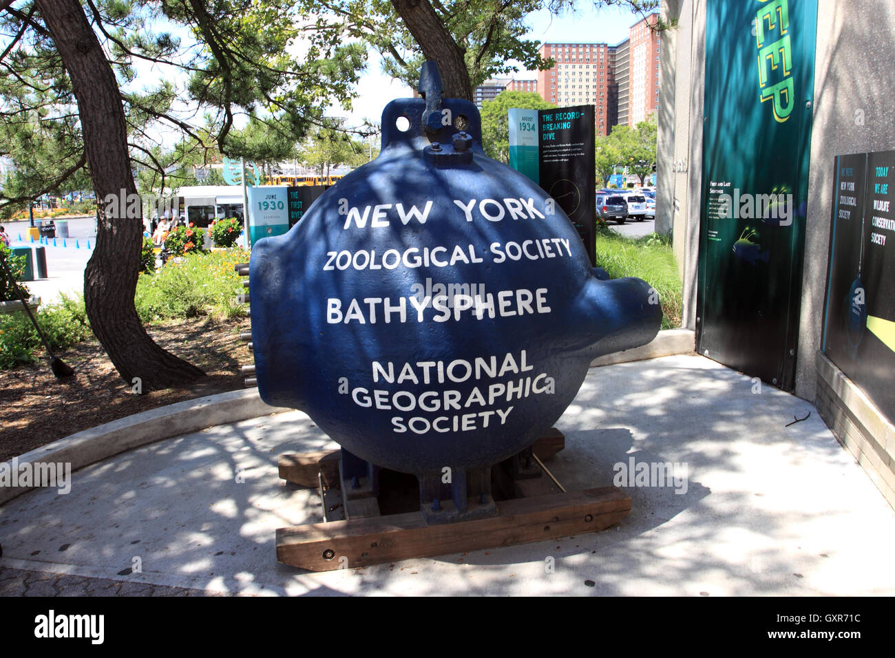 Bathysphere diving device on display outside the New York Aquarium at Coney island Brooklyn New York City Stock Photo