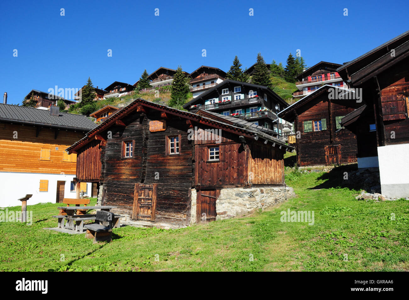 Chalets in the village of Bettmeralp in the Swiss Alps, Valais ...