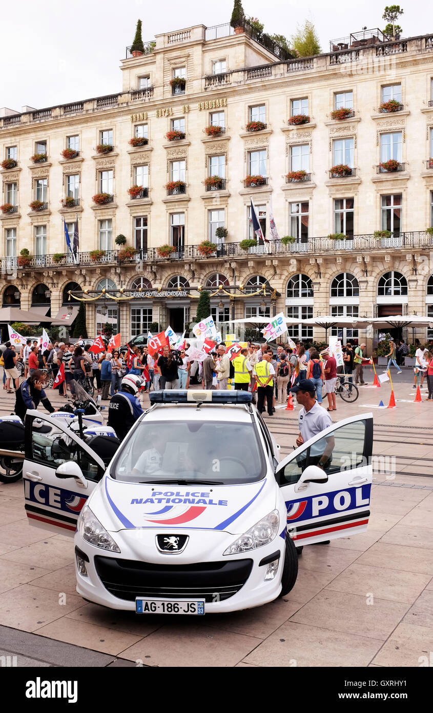 FSU labour law Protest outside Grand Hotel Bordeaux with police security Stock Photo