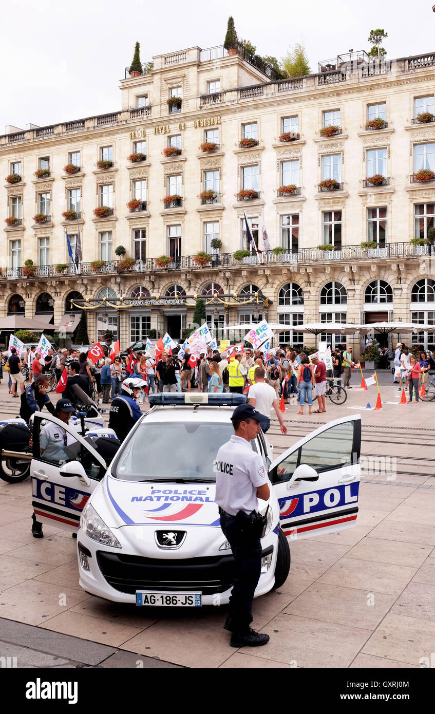 FSU labour law Protest outside Grand Hotel Bordeaux with police security Stock Photo