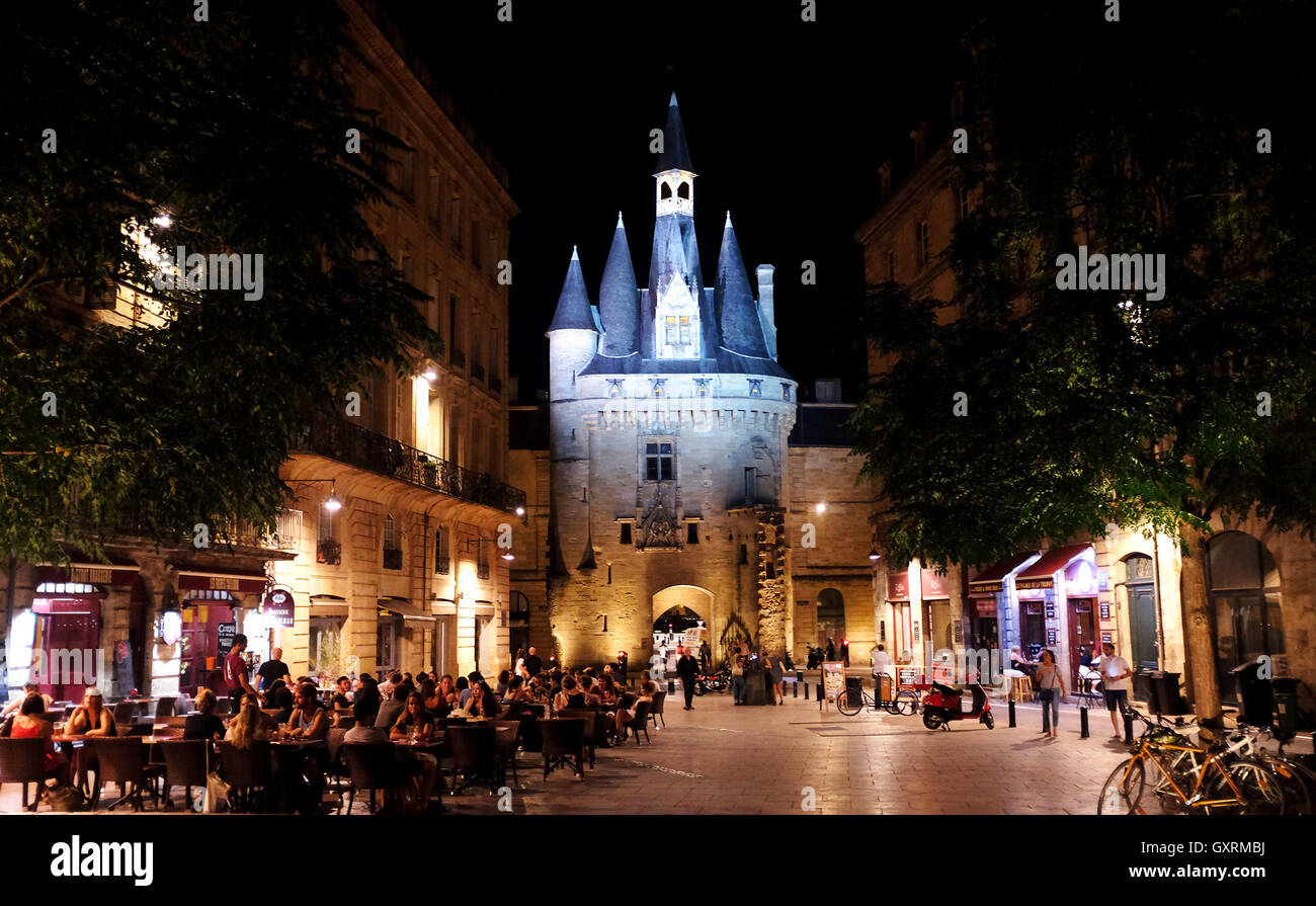 Port Cailhau Bordeaux France at night with busy restaurants in square Stock Photo