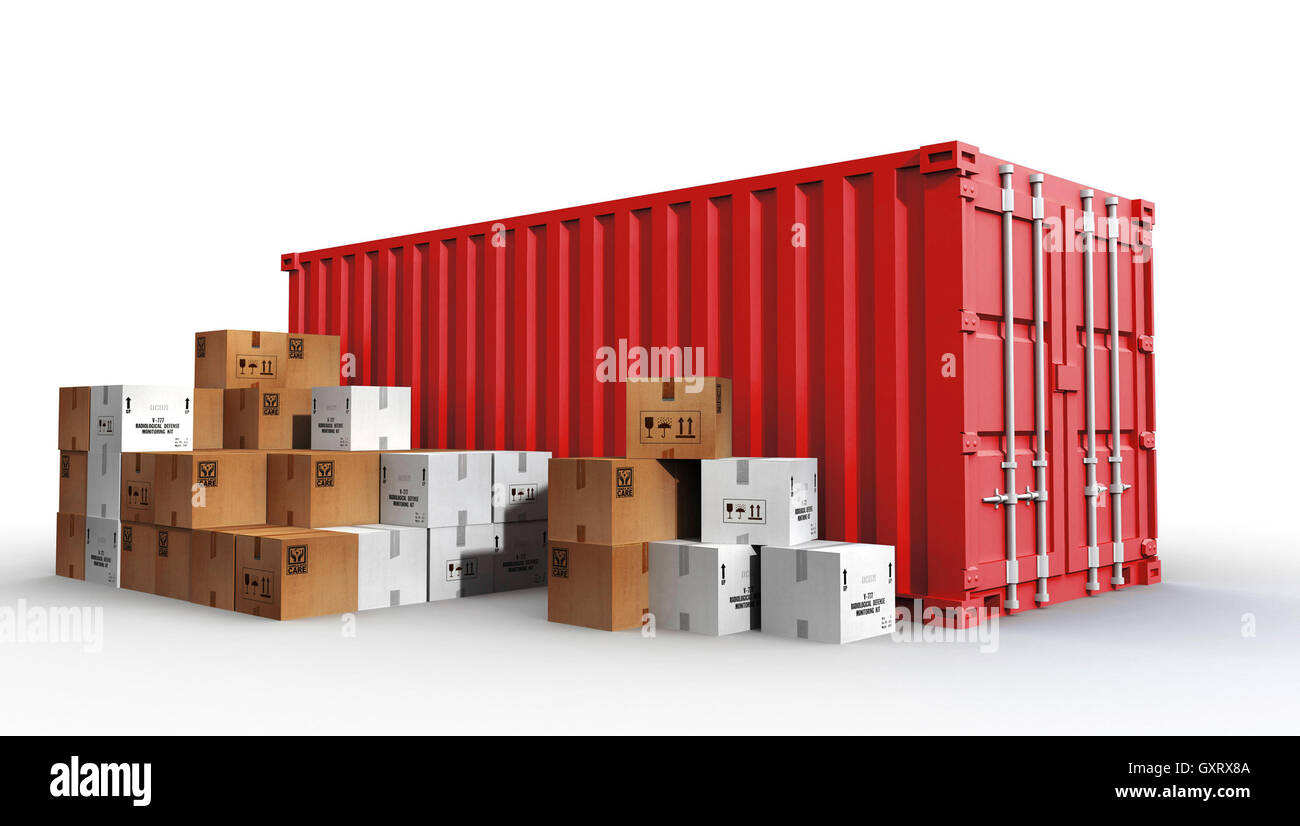 cargo container and cardboard boxes concept  3d illustration Stock Photo
