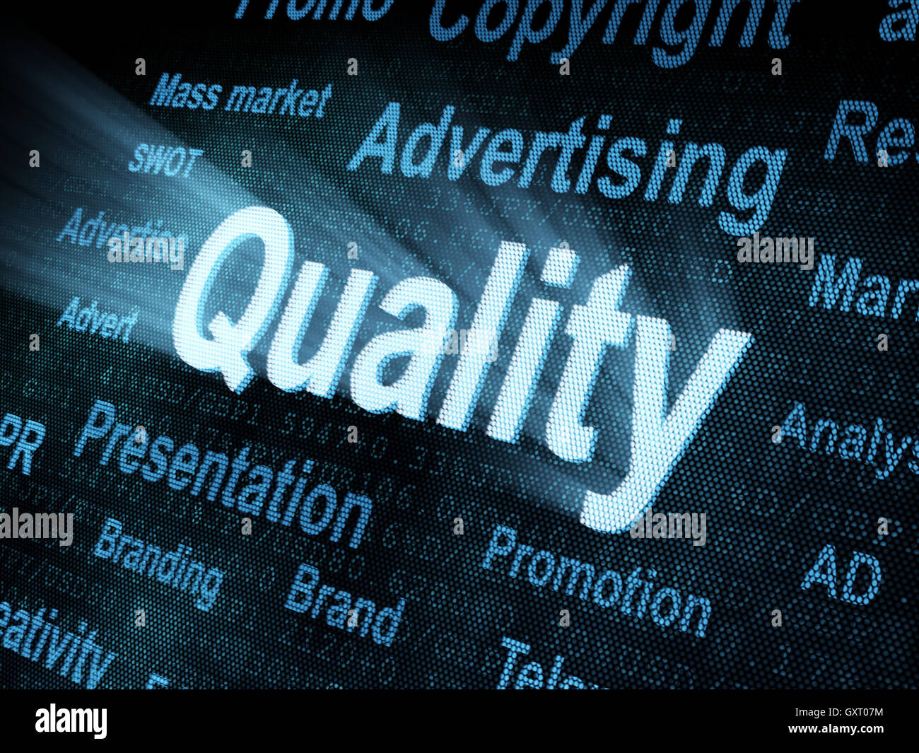 Pixeled word Quality on digital screen Stock Photo - Alamy