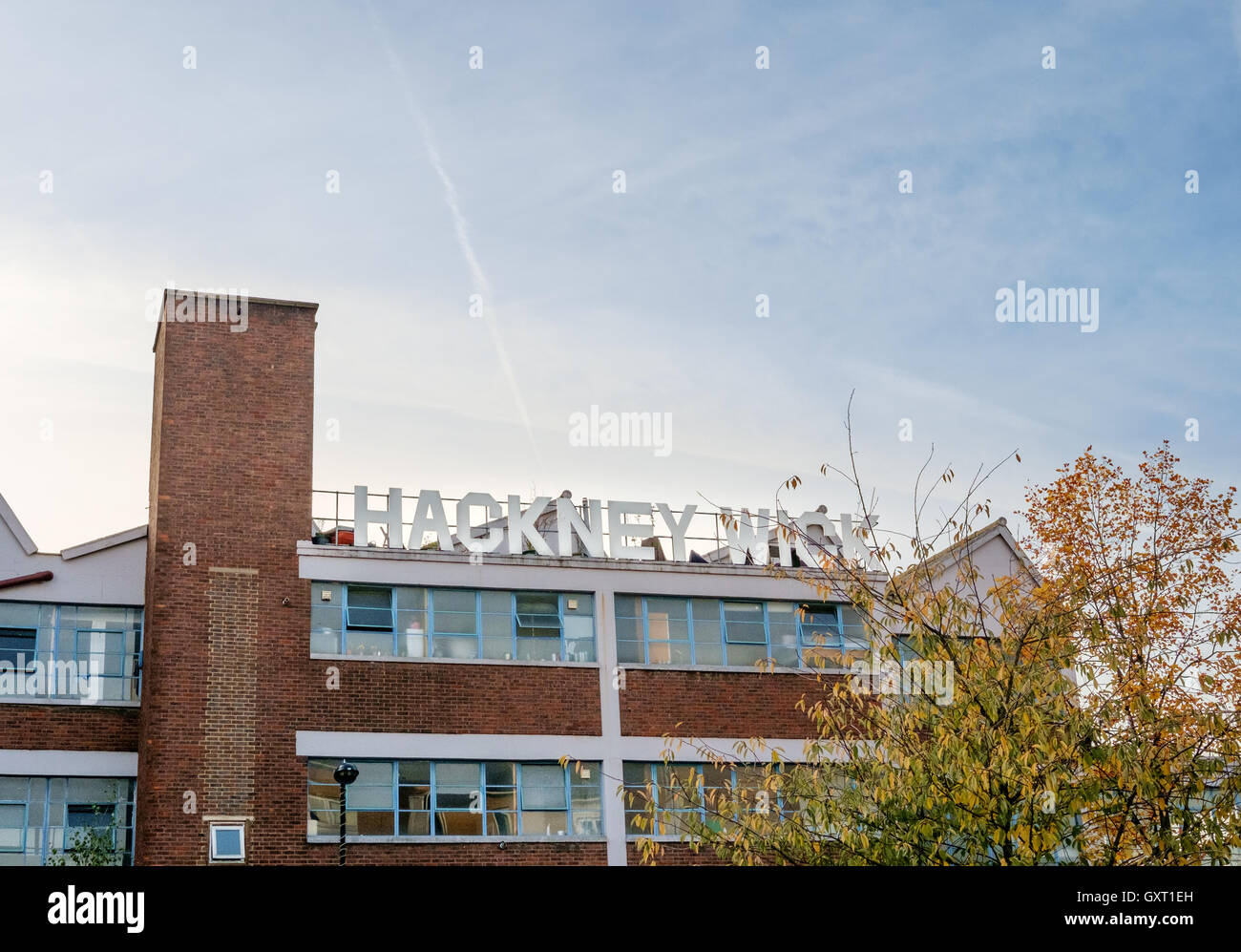 Hackney Wick place sign on top of Oslo House, East London Stock Photo