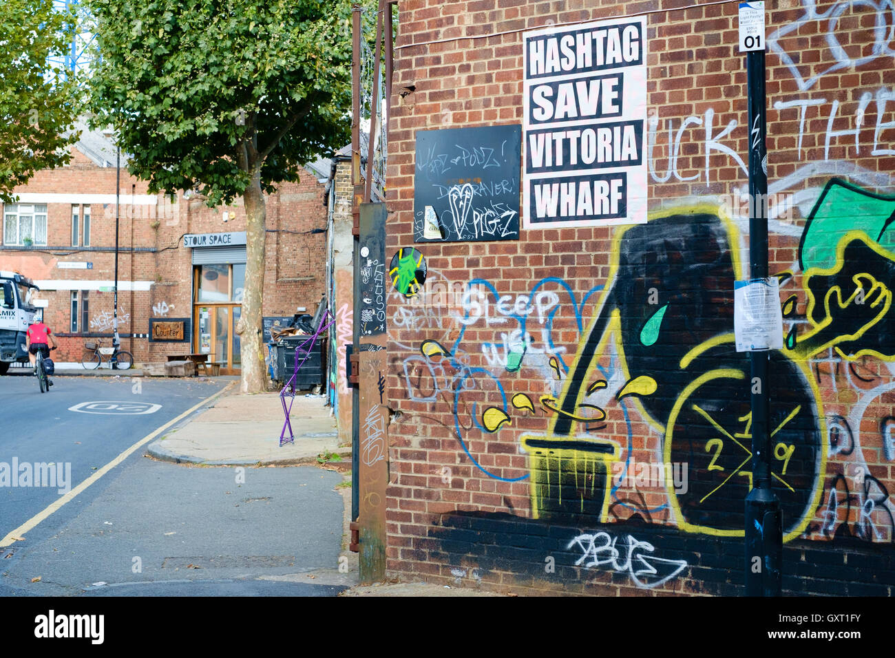 Protest posters against demolition of artist studios in Hackney Wick, East London, by the London Legacy Development Corporation Stock Photo