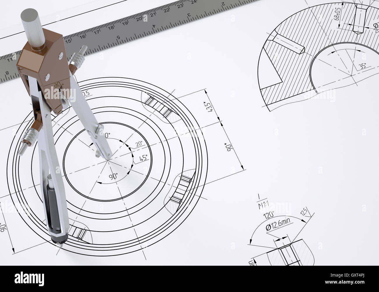 360 Compass Ruler Drawing Compass and ruler on the drawing Stock Photo - Alamy