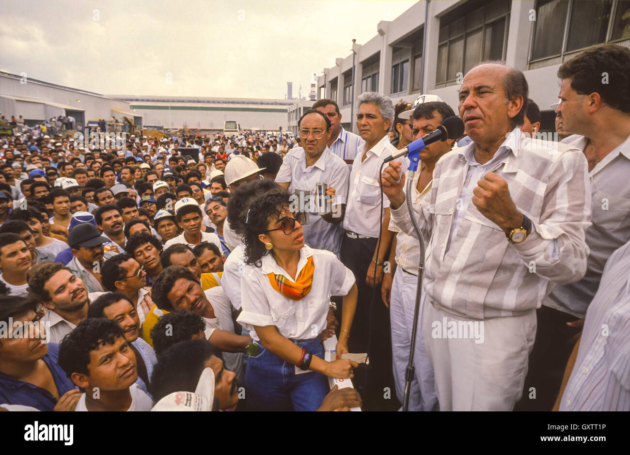 CIUDAD GUAYANA, VENEZUELA - Presidential candidate Carlos Andres Perez campaigning at Venalum plant, aluminum factory. October 1988 Stock Photo