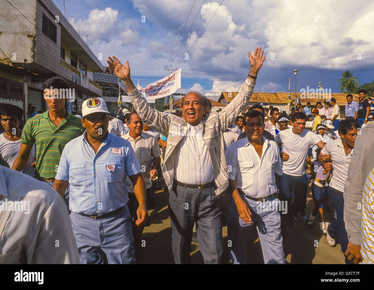 EL CALLAO, BOLIVAR STATE, VENEZUELA - Presidential candidate Carlos Andres Perez campaigning. October 1988 Stock Photo