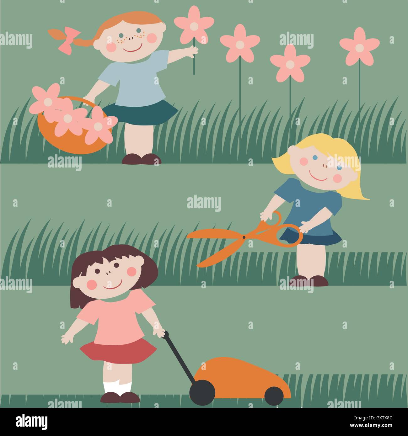 Three little girls work in the garden Stock Vector Image & Art - Alamy
