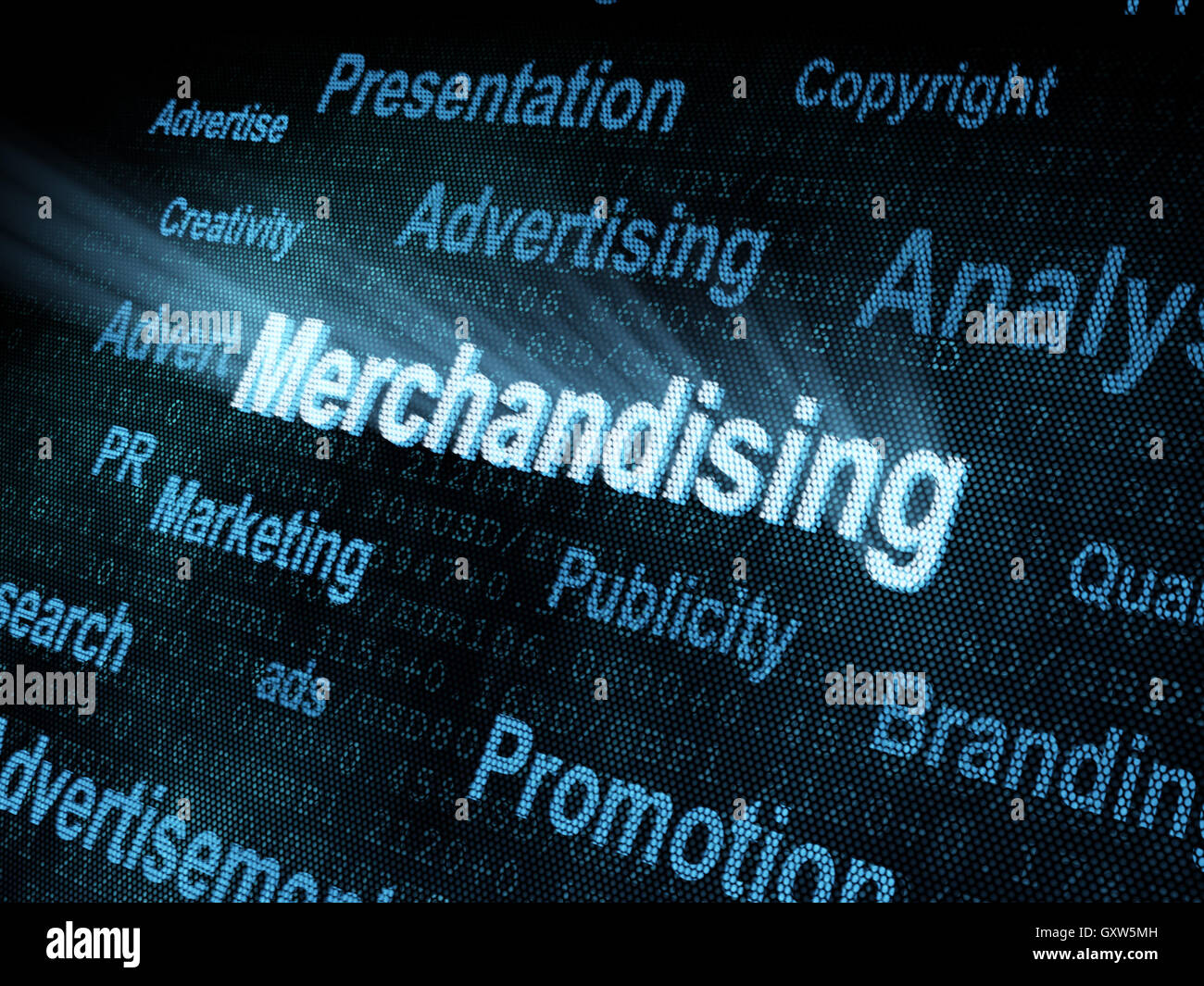 Pixeled word Merchandising on digital screen Stock Photo