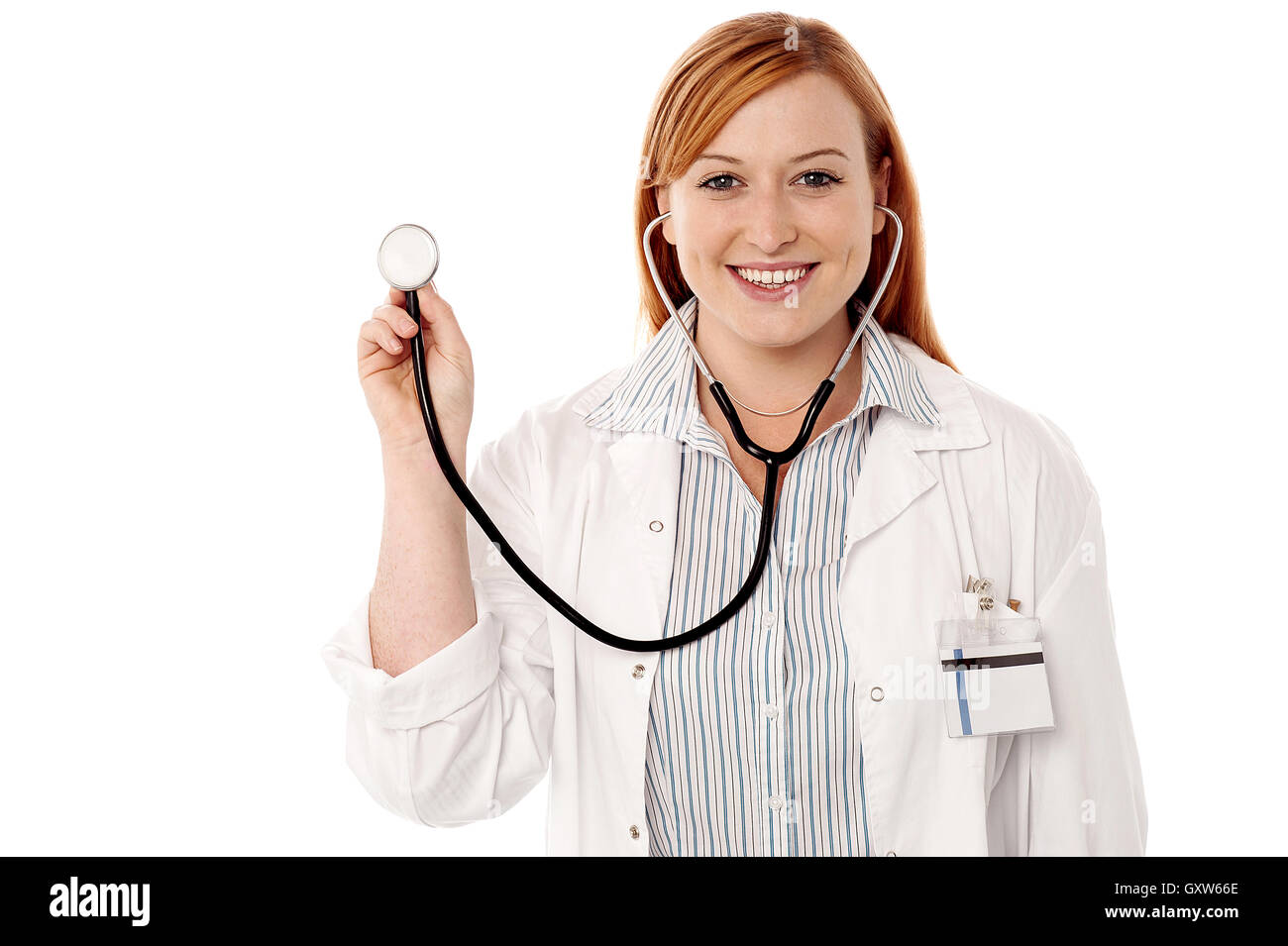 Female physician posing with stethoscope Stock Photo - Alamy